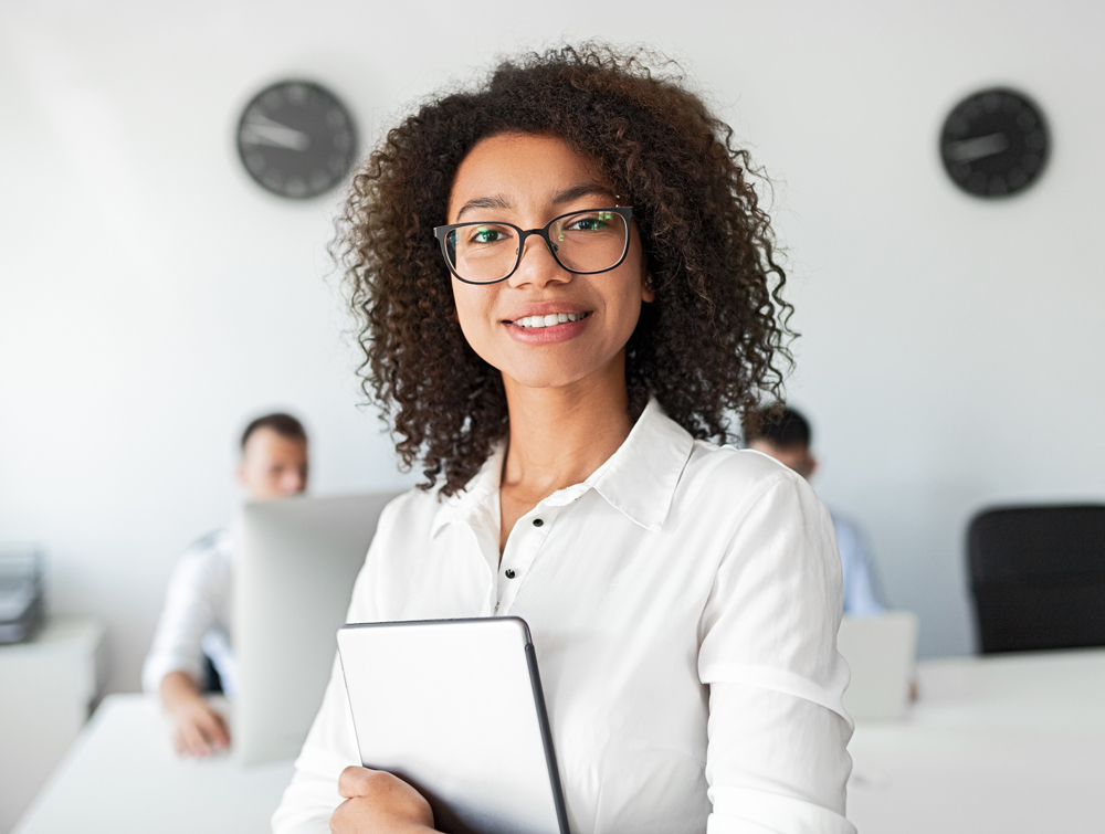 happy consultant holding tablet