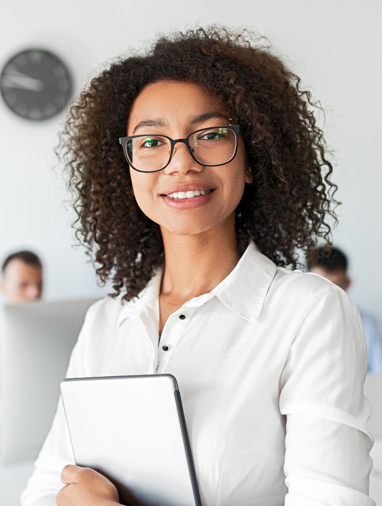 happy consultant holding tablet